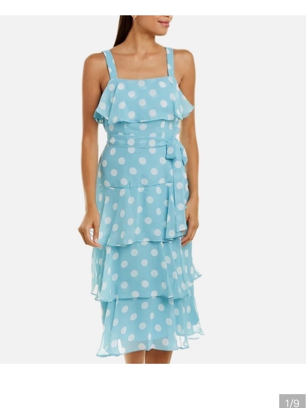 Maison Tara Light Blue Polka Dot Tiered Midi Dress with White Dots